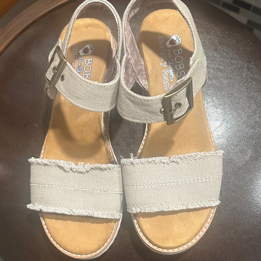 Skechers BOBS Women's Beige Canvas Buckle Sandals